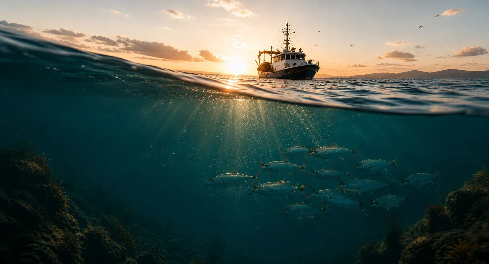 Barco de pesca gallego navegando al amanecer sobre las aguas del Atlántico, con un banco de peces nadando bajo la superficie