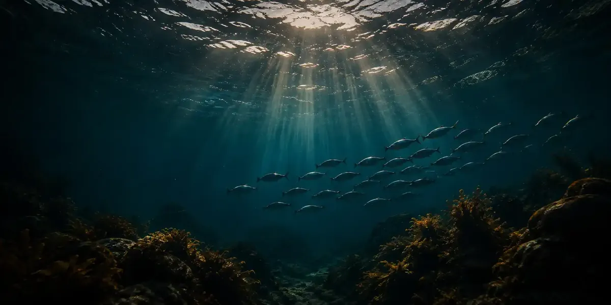Banco de peces nadando bajo la superficie del mar