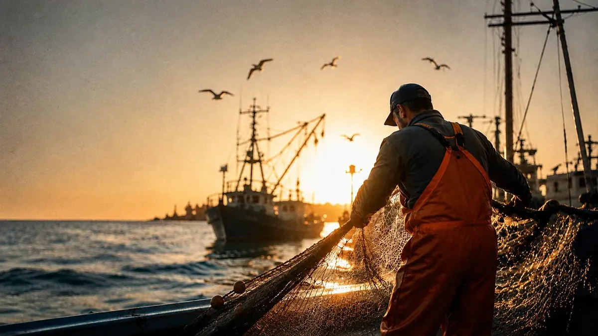 Pescador recogiendo la red al amanecer junto al barco, con gaviotas volando alrededor