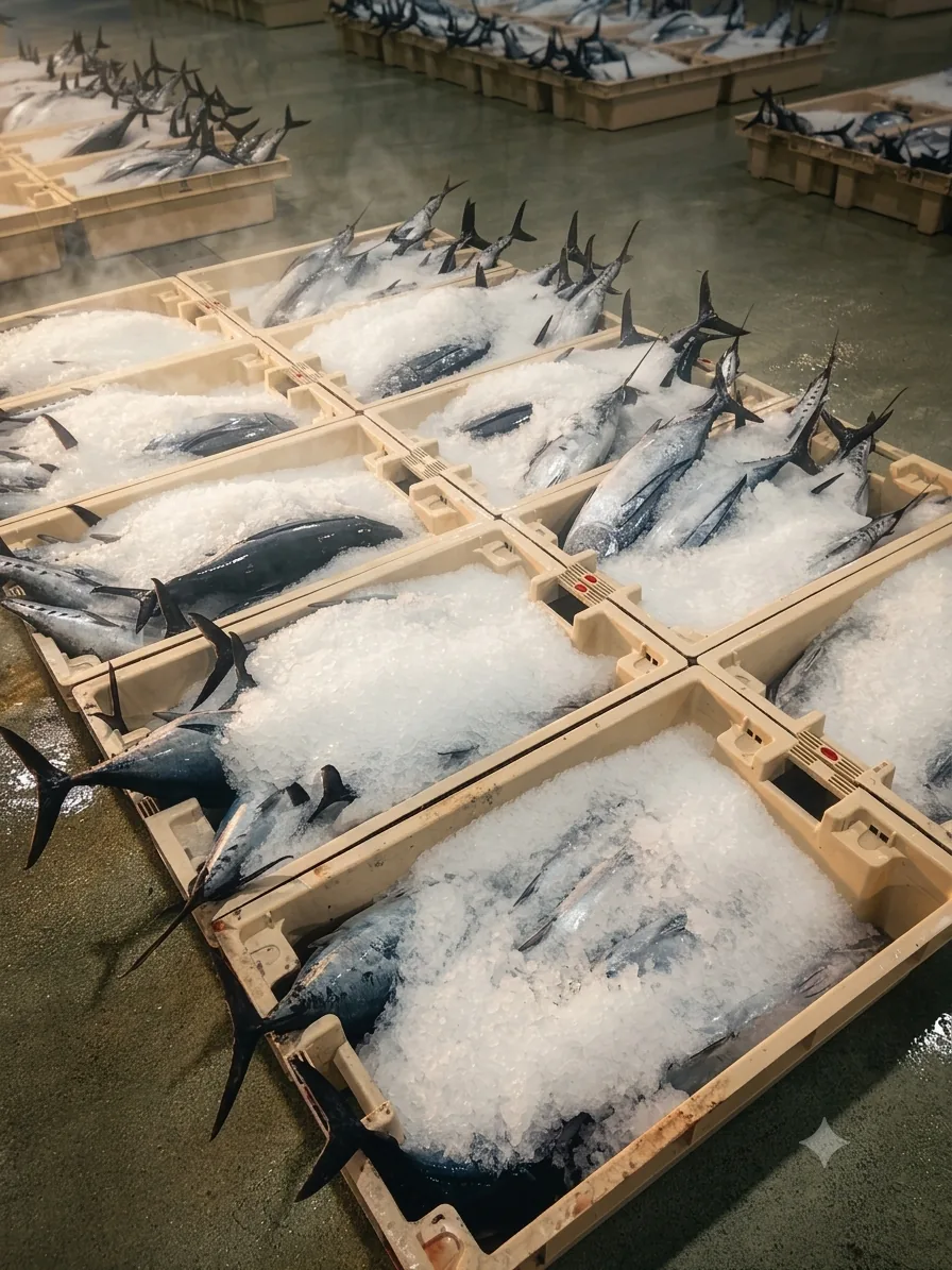 Subasta de pescado en la lonja al amanecer